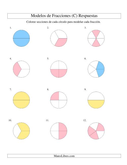 La hoja de ejercicios de Colorear de Mitades a Sextos de Círculos (C) Página 2
