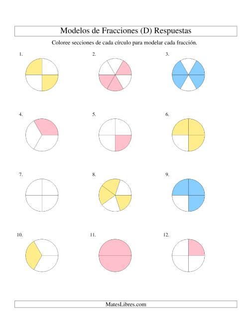 La hoja de ejercicios de Colorear de Mitades a Sextos de Círculos (D) Página 2