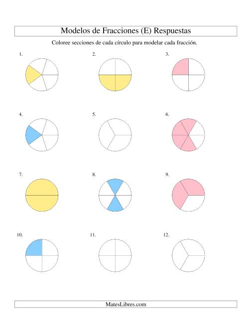 La hoja de ejercicios de Colorear de Mitades a Sextos de Círculos (E) Página 2
