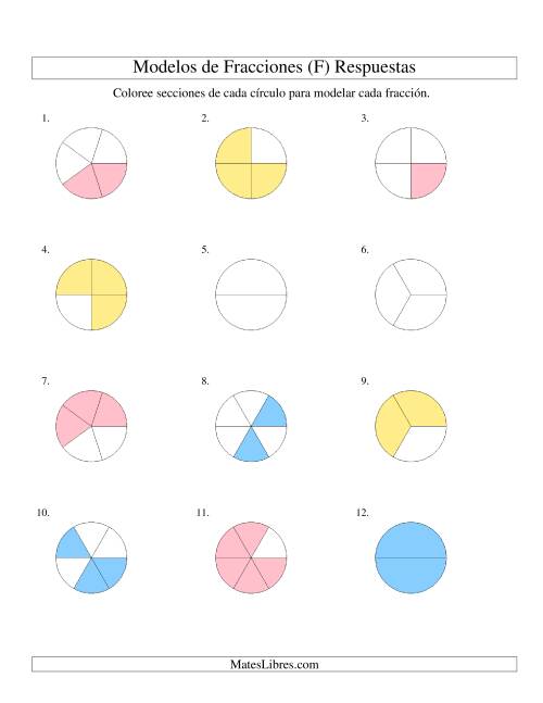 La hoja de ejercicios de Colorear de Mitades a Sextos de Círculos (F) Página 2