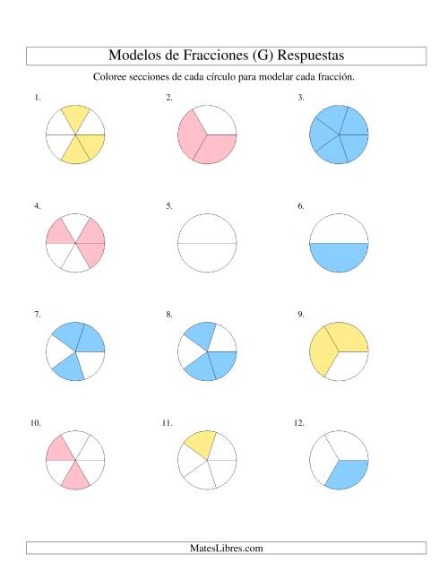La hoja de ejercicios de Colorear de Mitades a Sextos de Círculos (G) Página 2