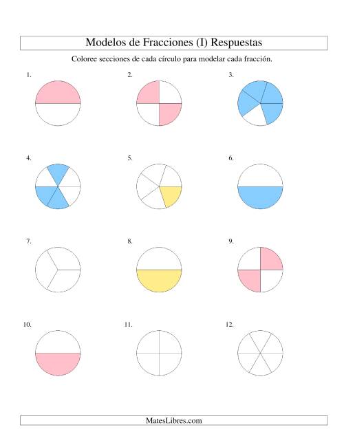 La hoja de ejercicios de Colorear de Mitades a Sextos de Círculos (I) Página 2