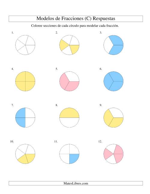 La hoja de ejercicios de Colorear de Mitades a Quintos de Círculos (C) Página 2