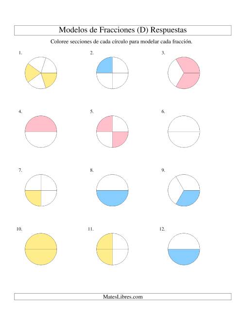 La hoja de ejercicios de Colorear de Mitades a Quintos de Círculos (D) Página 2