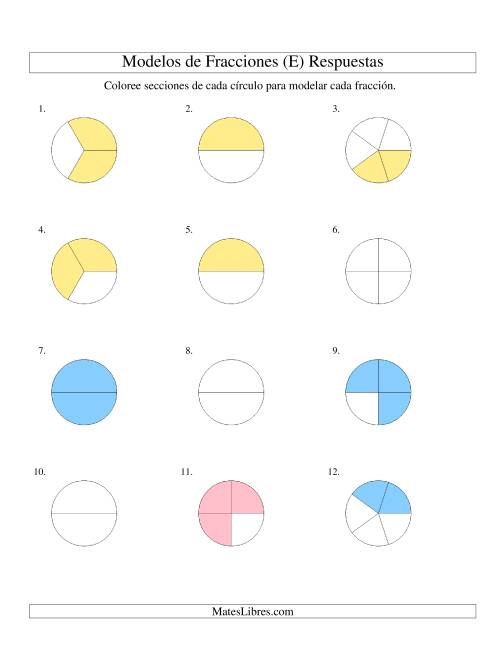 La hoja de ejercicios de Colorear de Mitades a Quintos de Círculos (E) Página 2