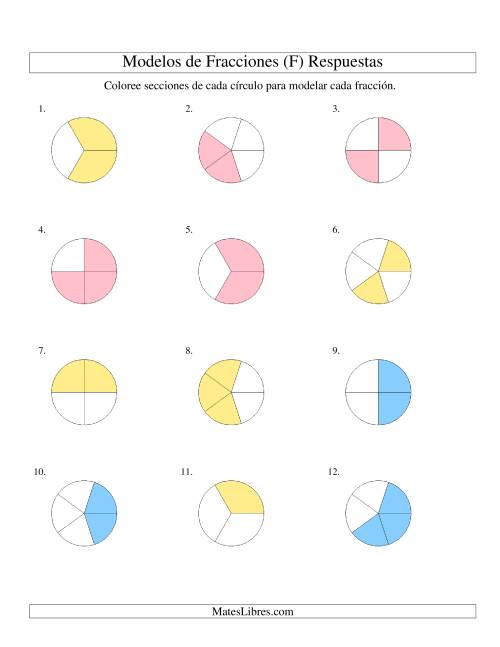 La hoja de ejercicios de Colorear de Mitades a Quintos de Círculos (F) Página 2