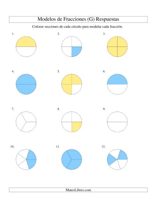 La hoja de ejercicios de Colorear de Mitades a Quintos de Círculos (G) Página 2
