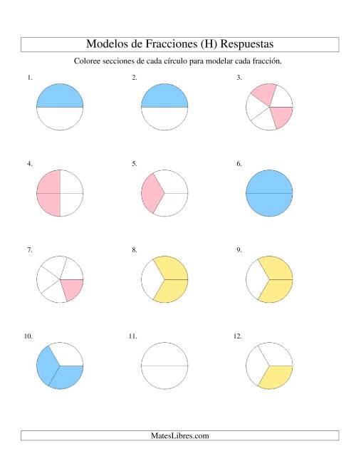 La hoja de ejercicios de Colorear de Mitades a Quintos de Círculos (H) Página 2