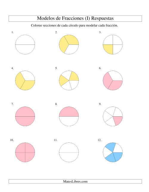 La hoja de ejercicios de Colorear de Mitades a Quintos de Círculos (I) Página 2
