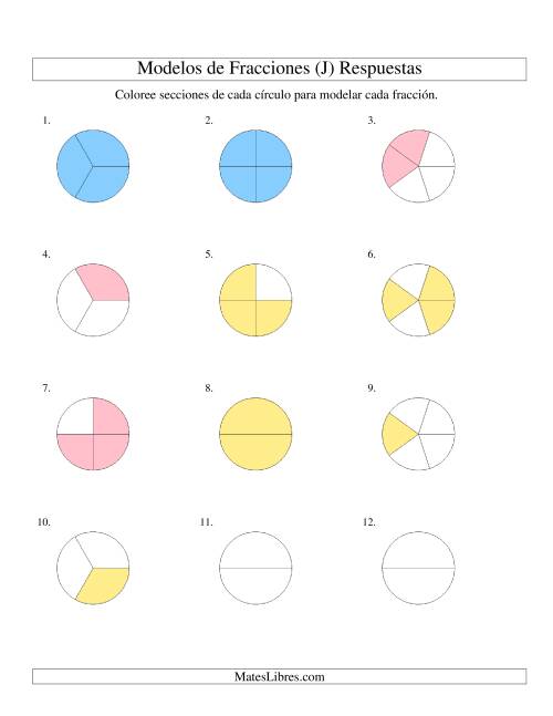 La hoja de ejercicios de Colorear de Mitades a Quintos de Círculos (J) Página 2