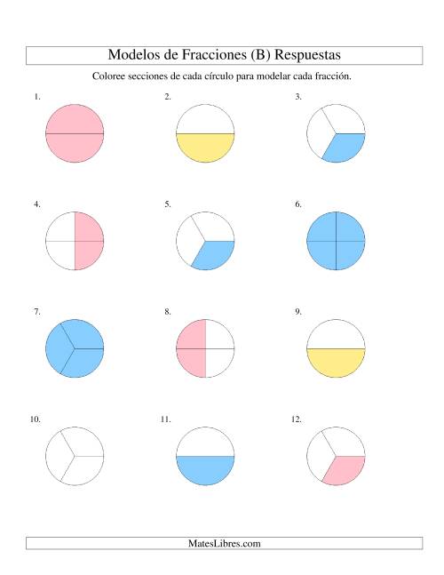 La hoja de ejercicios de Colorear de Mitades a Cuartos de Círculos (B) Página 2