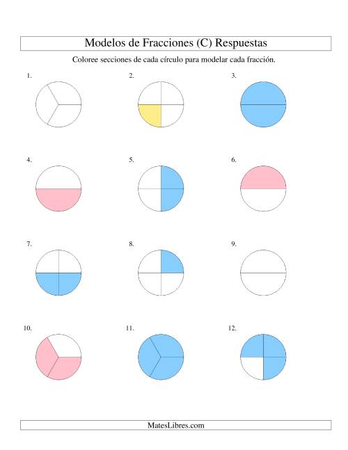 La hoja de ejercicios de Colorear de Mitades a Cuartos de Círculos (C) Página 2