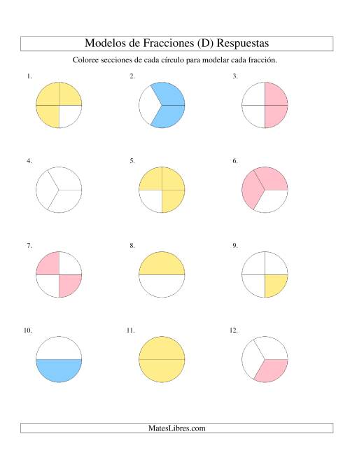 La hoja de ejercicios de Colorear de Mitades a Cuartos de Círculos (D) Página 2
