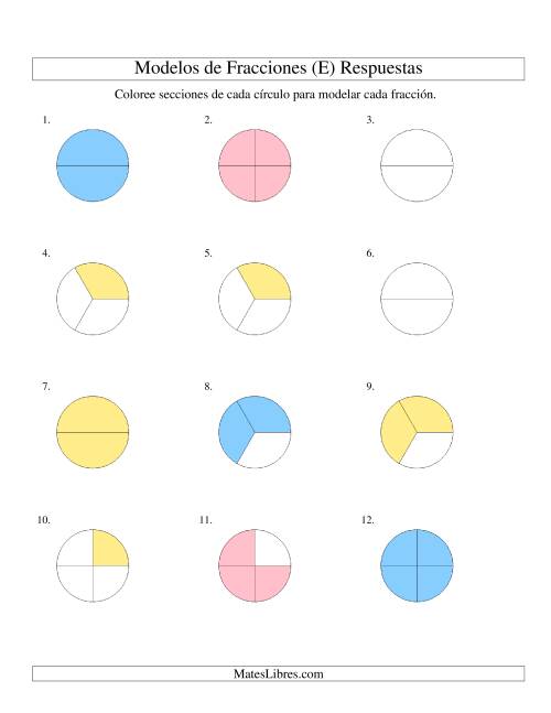 La hoja de ejercicios de Colorear de Mitades a Cuartos de Círculos (E) Página 2