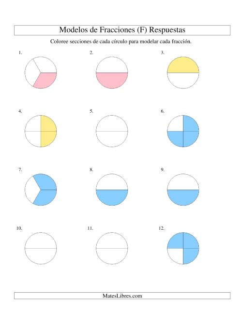 La hoja de ejercicios de Colorear de Mitades a Cuartos de Círculos (F) Página 2