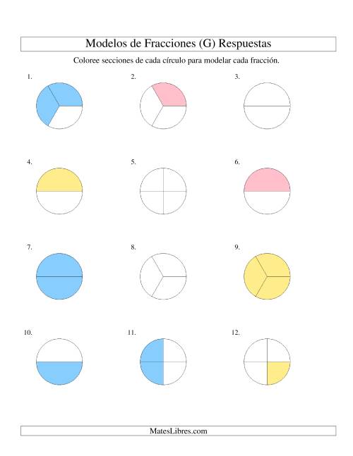 La hoja de ejercicios de Colorear de Mitades a Cuartos de Círculos (G) Página 2