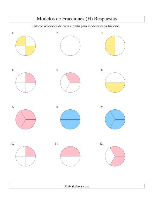 La hoja de ejercicios de Colorear de Mitades a Cuartos de Círculos (H) Página 2