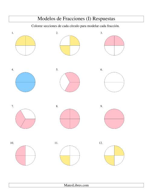 La hoja de ejercicios de Colorear de Mitades a Cuartos de Círculos (I) Página 2