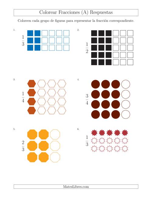 La hoja de ejercicios de Colorear Grupos de Figuras para Representar Fracciones (A) Página 2