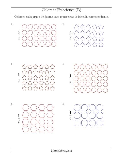 La hoja de ejercicios de Colorear Grupos de Figuras para Representar Fracciones (B)