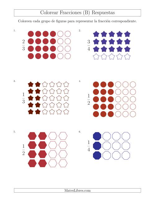 La hoja de ejercicios de Colorear Grupos de Figuras para Representar Fracciones (B) Página 2