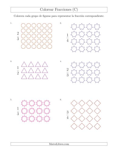 La hoja de ejercicios de Colorear Grupos de Figuras para Representar Fracciones (C)