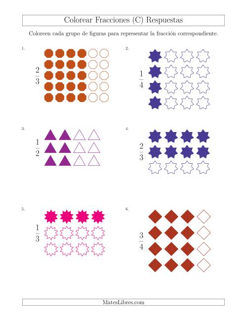 La hoja de ejercicios de Colorear Grupos de Figuras para Representar Fracciones (C) Página 2