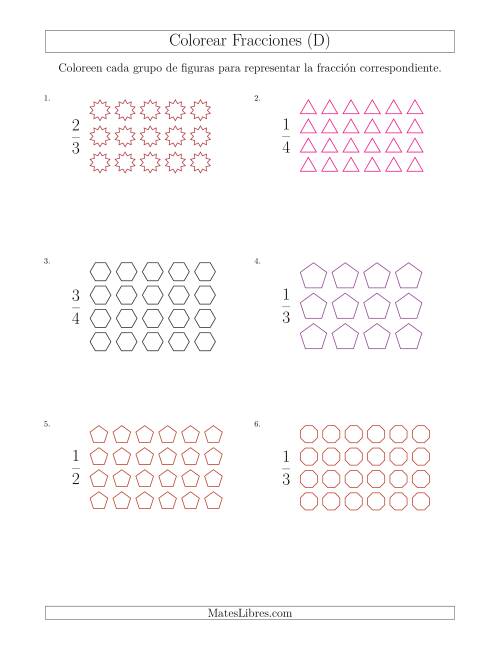 La hoja de ejercicios de Colorear Grupos de Figuras para Representar Fracciones (D)