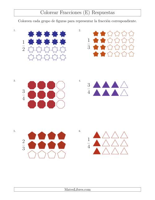 La hoja de ejercicios de Colorear Grupos de Figuras para Representar Fracciones (E) Página 2