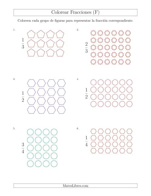 La hoja de ejercicios de Colorear Grupos de Figuras para Representar Fracciones (F)