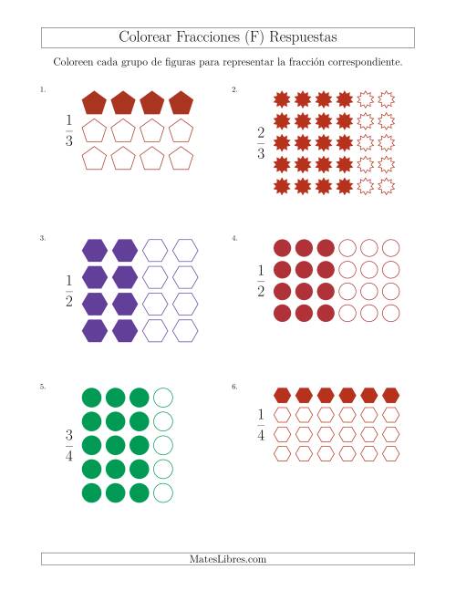 La hoja de ejercicios de Colorear Grupos de Figuras para Representar Fracciones (F) Página 2