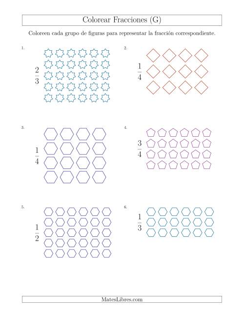 La hoja de ejercicios de Colorear Grupos de Figuras para Representar Fracciones (G)