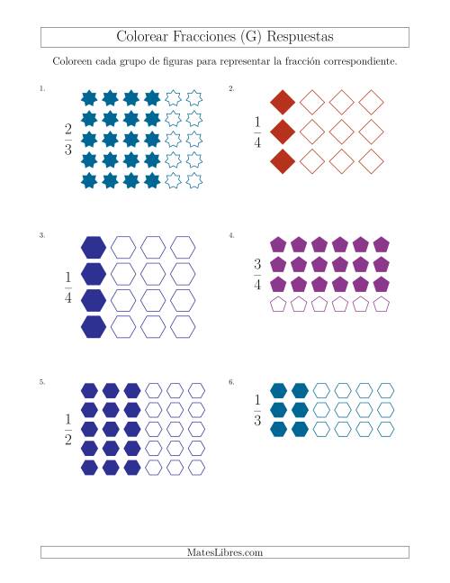 La hoja de ejercicios de Colorear Grupos de Figuras para Representar Fracciones (G) Página 2