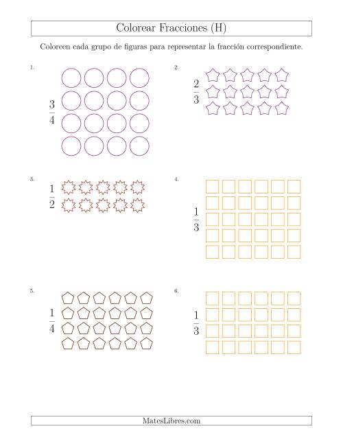 La hoja de ejercicios de Colorear Grupos de Figuras para Representar Fracciones (H)