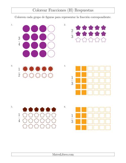 La hoja de ejercicios de Colorear Grupos de Figuras para Representar Fracciones (H) Página 2