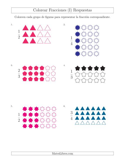 La hoja de ejercicios de Colorear Grupos de Figuras para Representar Fracciones (I) Página 2