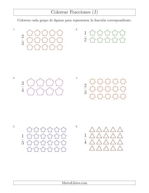 La hoja de ejercicios de Colorear Grupos de Figuras para Representar Fracciones (J)