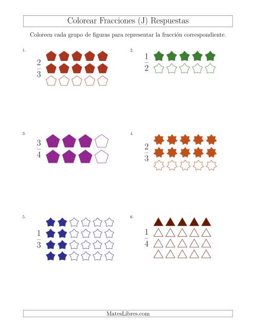 La hoja de ejercicios de Colorear Grupos de Figuras para Representar Fracciones (J) Página 2