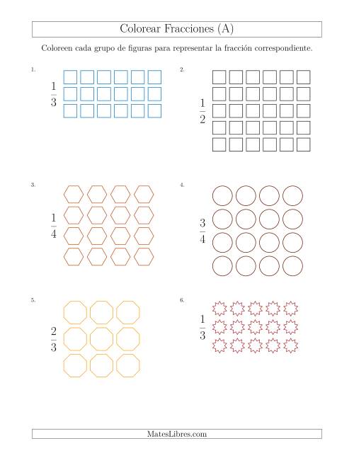 La hoja de ejercicios de Colorear Grupos de Figuras para Representar Fracciones (Todas)