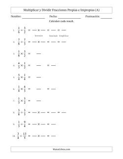 Multiplicar y dividir fracciones propias e impropias y con alguna simplificación (Rellenable)