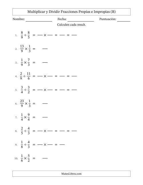 La hoja de ejercicios de Multiplicar y dividir fracciones propias e impropias y con alguna simplificación (Rellenable) (B)