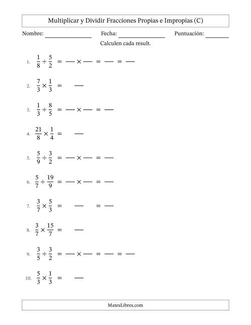 La hoja de ejercicios de Multiplicar y dividir fracciones propias e impropias y con alguna simplificación (Rellenable) (C)