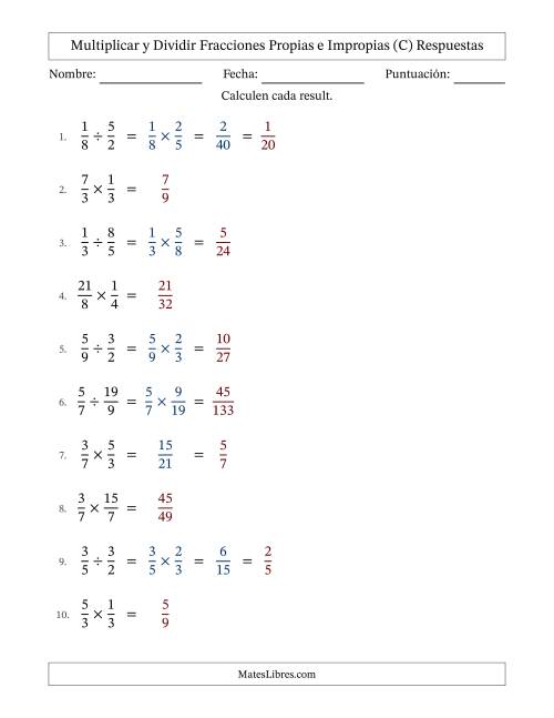 La hoja de ejercicios de Multiplicar y dividir fracciones propias e impropias y con alguna simplificación (Rellenable) (C) Página 2