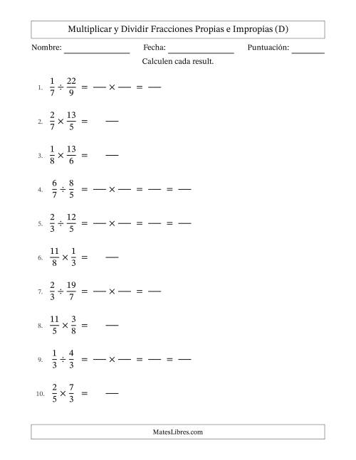 La hoja de ejercicios de Multiplicar y dividir fracciones propias e impropias y con alguna simplificación (Rellenable) (D)