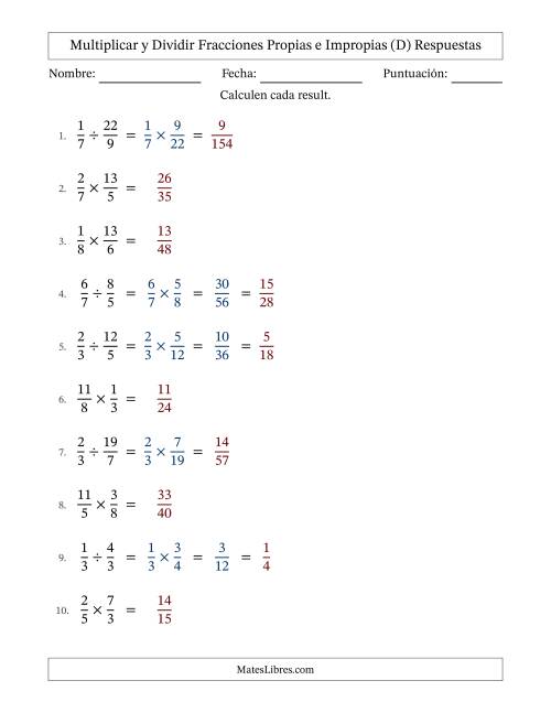 La hoja de ejercicios de Multiplicar y dividir fracciones propias e impropias y con alguna simplificación (Rellenable) (D) Página 2