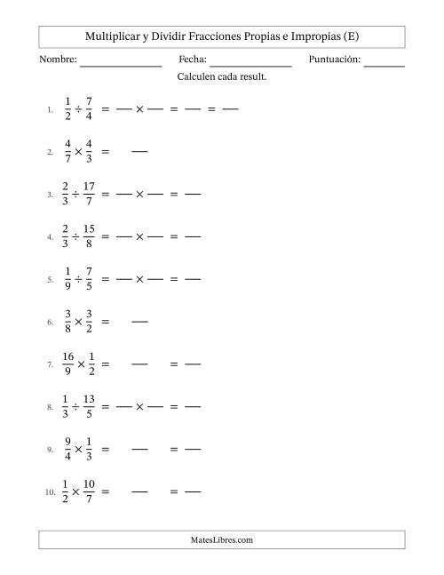 La hoja de ejercicios de Multiplicar y dividir fracciones propias e impropias y con alguna simplificación (Rellenable) (E)