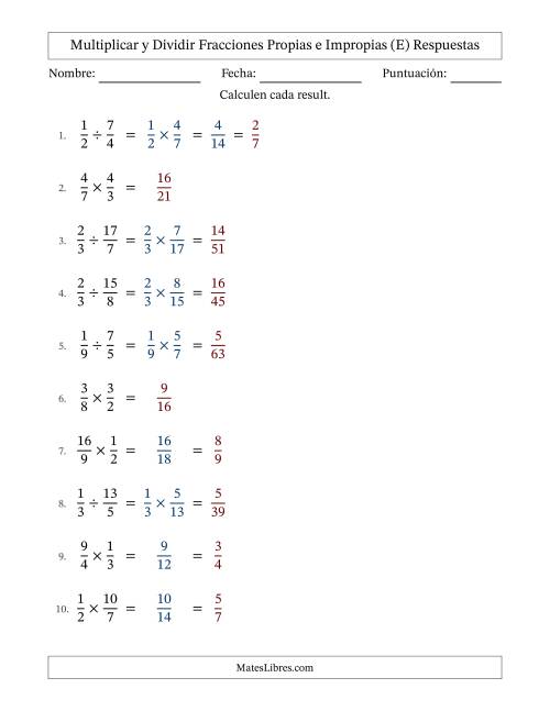 La hoja de ejercicios de Multiplicar y dividir fracciones propias e impropias y con alguna simplificación (Rellenable) (E) Página 2