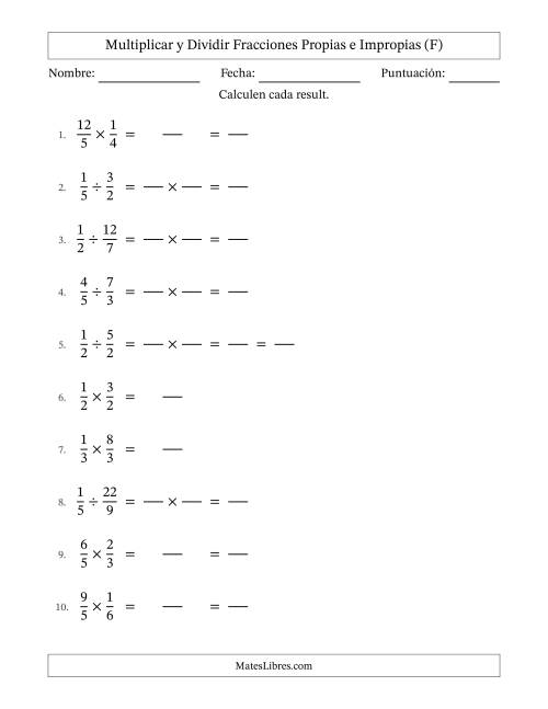 La hoja de ejercicios de Multiplicar y dividir fracciones propias e impropias y con alguna simplificación (Rellenable) (F)
