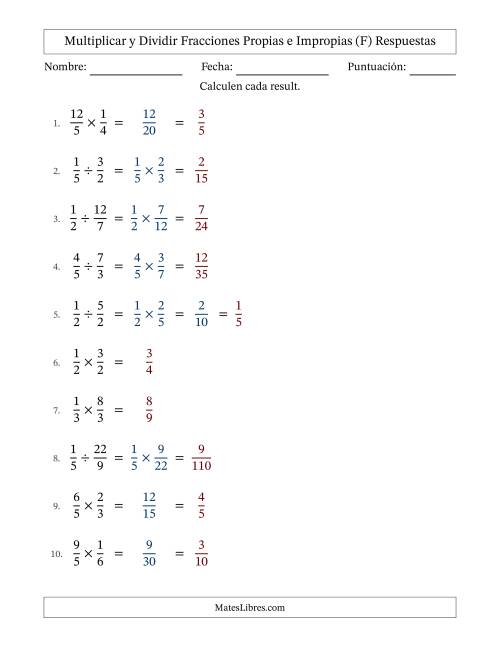 La hoja de ejercicios de Multiplicar y dividir fracciones propias e impropias y con alguna simplificación (Rellenable) (F) Página 2