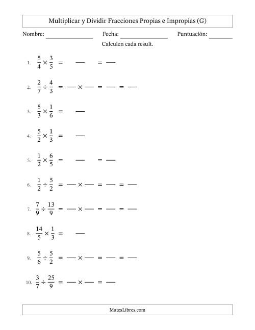 La hoja de ejercicios de Multiplicar y dividir fracciones propias e impropias y con alguna simplificación (Rellenable) (G)